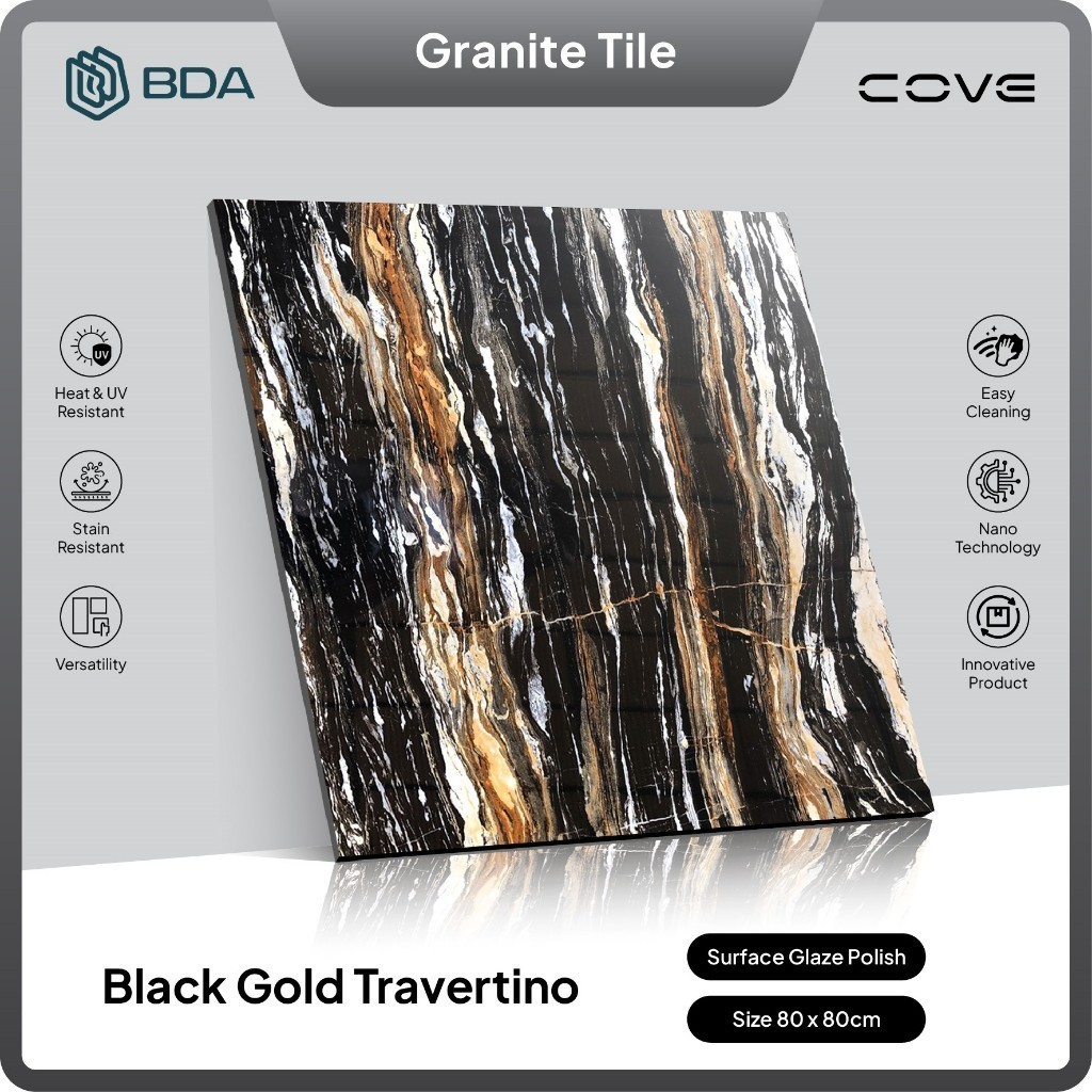 BDA Granite Tile Granit 80x80 Keramik Lantai Keramik Dinding Black Gold Travertino