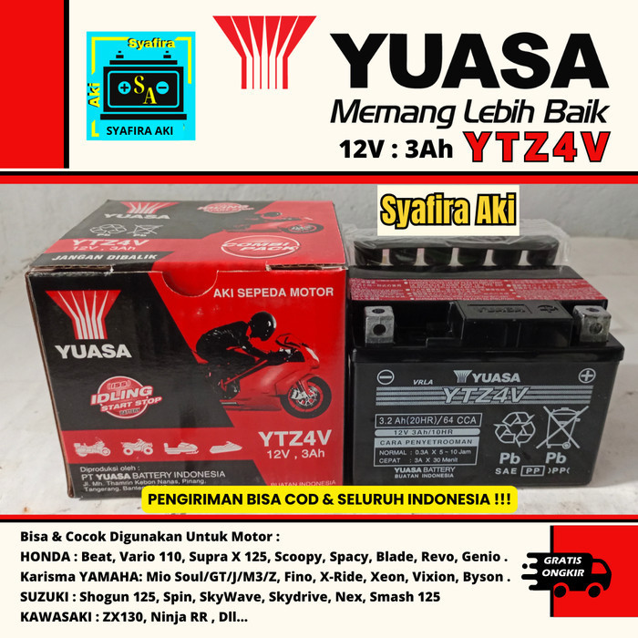 Aki Motor R15, Byson Xeon,Xsr, Vixion, X-Ride, Mx King Ytz4V Yuasa Ori