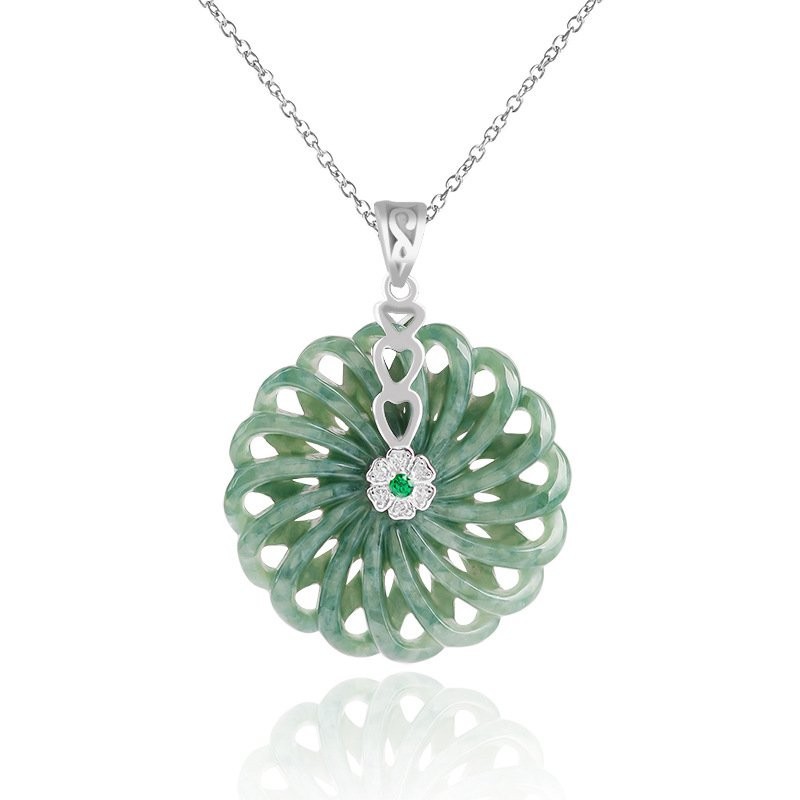 (ytucsydw3o)(Kirim Sertifikat）S925Tatahan Perak AlamiALiontin Batu Giok Bulat Zamrud, Barang Keberun