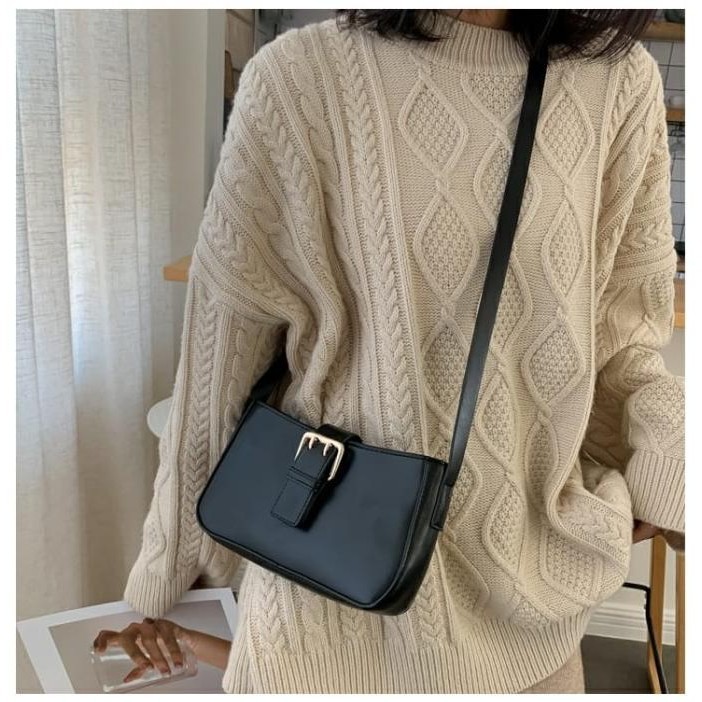 TAS SELEMPANG WANITA HITAM KULIT IMPORT BATAM MURAH ATARA TA182B5 CEWE