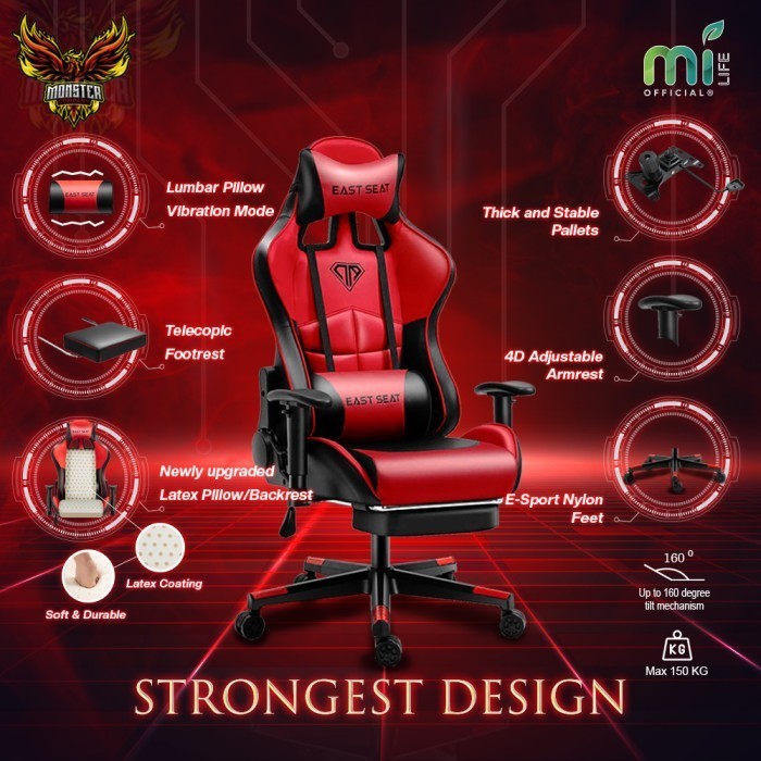 Milife East Seat Latex Gaming Chair Kursi Gaming Massage Footrest Red