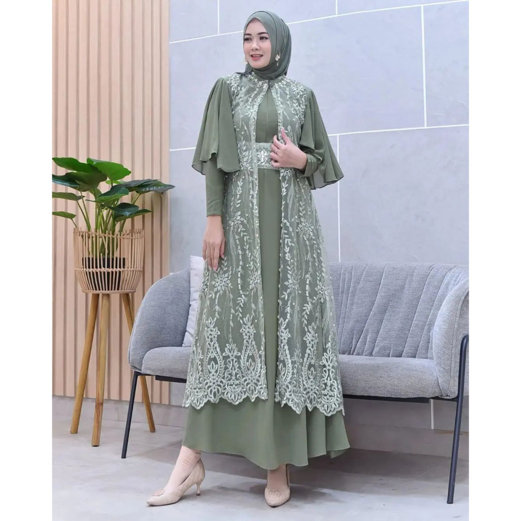 [Bahan halus dan Nyaman] Dress Outer Brukat Pesta Terbaru 2024 Green Sage Gamis Clarisa By Ghina Set