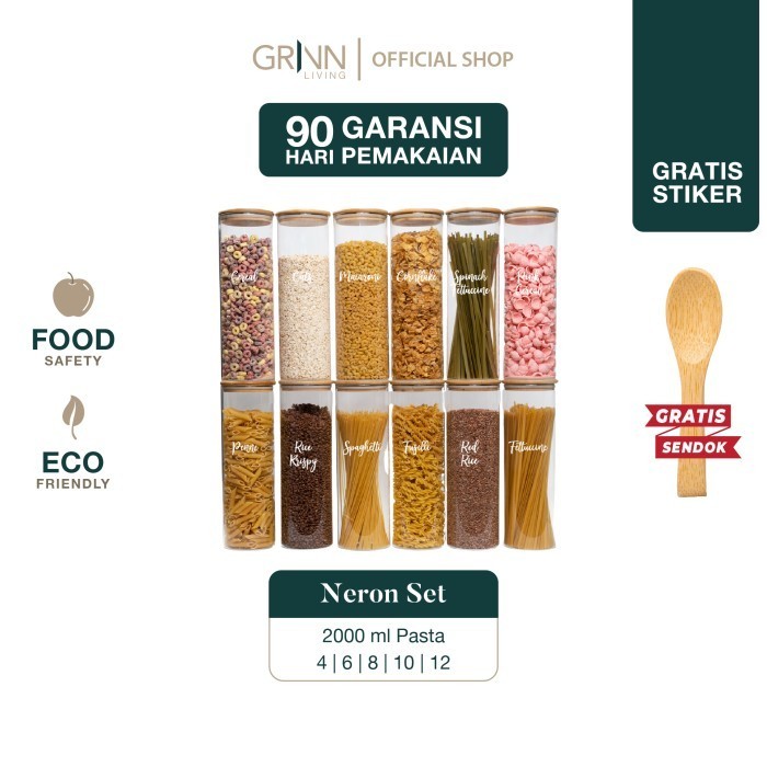 GRINN LIVING SET PAKET NERON GLASS JAR 2000 ML TOPLES PASTA KAYU