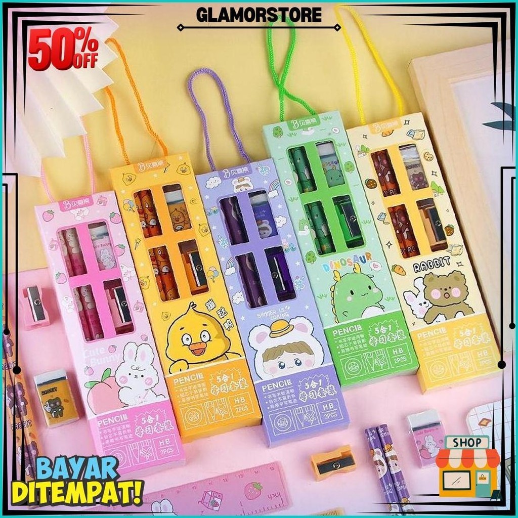 

Pensil Set 5In1 Karakter Lucu / Paket Alat Tulis Pensil Penghapus Penggaris Rautan Gambar Kartun Imut / Mini Stationery Character 5 Pcs Atk Perlengkapan Menulis Anak Sekolah Hadiah Kado Ulang Tahun Souvenir Goody Bag Paud Sd Unik Dino Bunny Bear Pencil