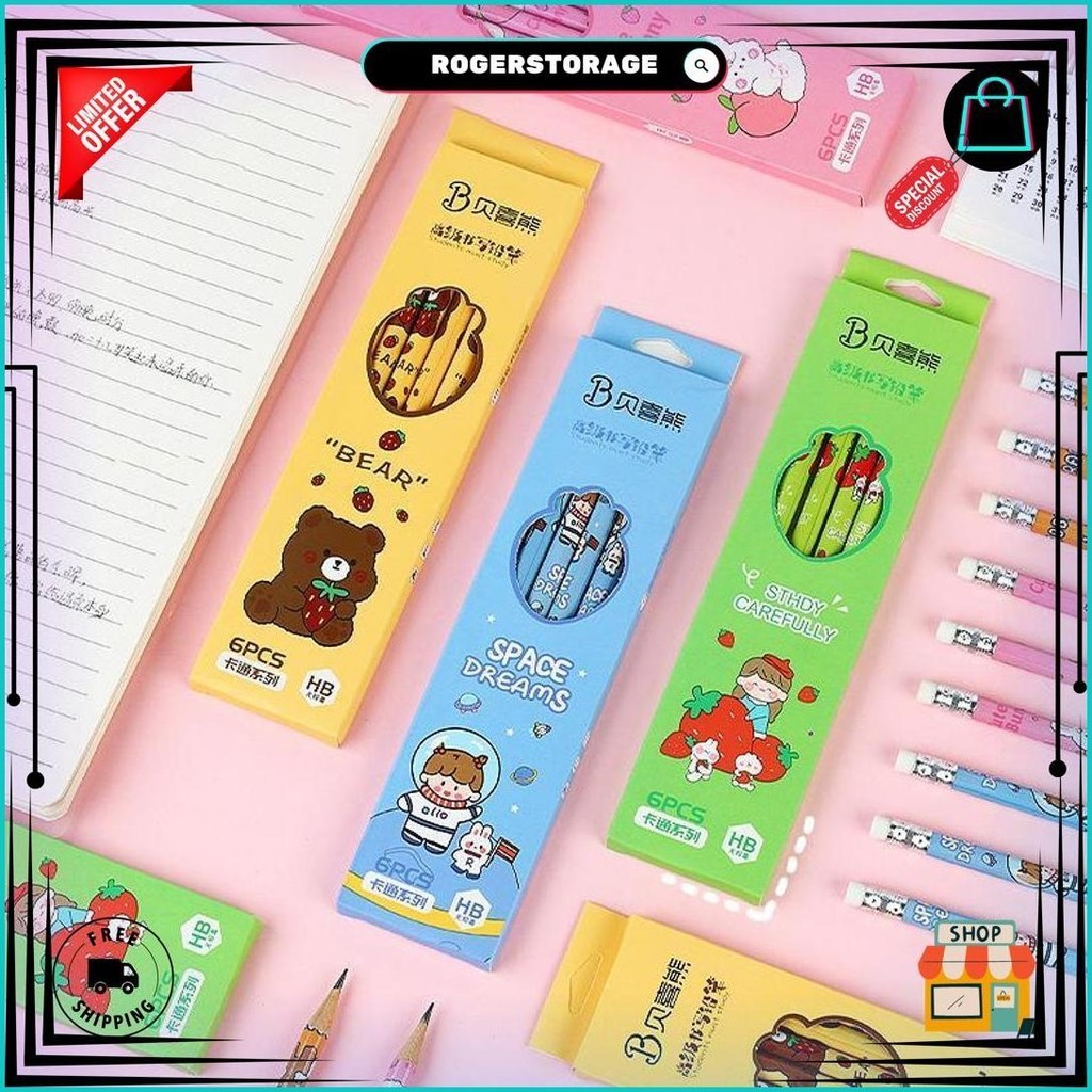 

6Pcs / Set Pensil Tulis Motif + Penghapus / Pensil Set Lucu Gratis Ongkir