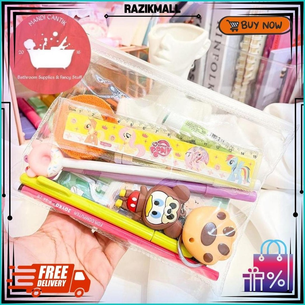 

Pouch Set Alat Tulis Sticker Pensil Gantungan Kunci Pulpen Pena Pensil Penggaris Sekolah Sticky Notes Penjepit Sticker Cutter Mini Finger Protector Cod