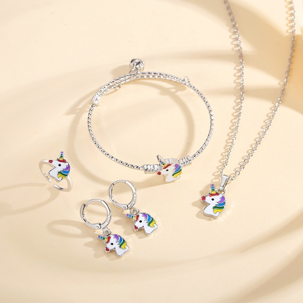 Y667 【COD】 Perhiasan Perak Anak Satu Set 4PCS Titanium Kalung Anting Anak Perempuan Pony Set Gelang 