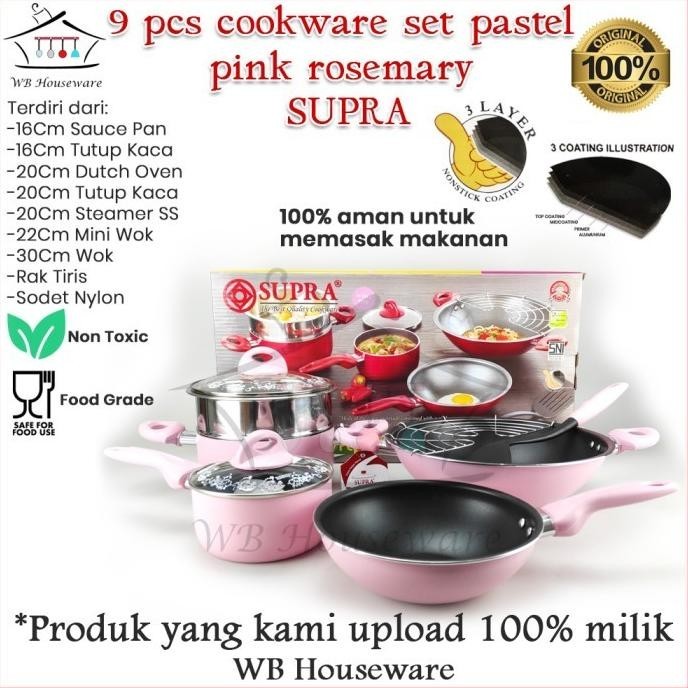 [Ready Stock] Promo Panci Set Supra 9Pcs Pastel Pink Cookware Set 9Pc Supra Rosemary