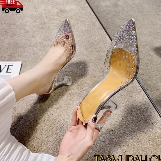 Sepatu Heels Transparan Import Wanita Sandal Hak Kaca Model Kristal Ck