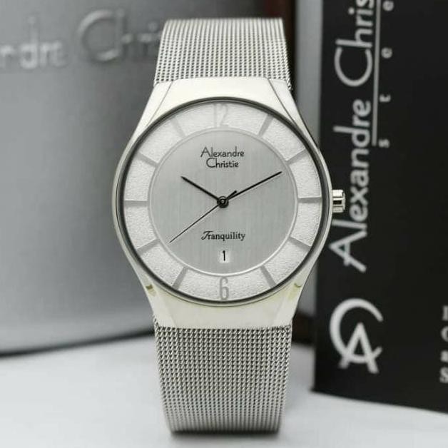 [Garansi] Alexandre Christie 8331 Jam Tangan Pria Rantai Pasir Tipis Silver