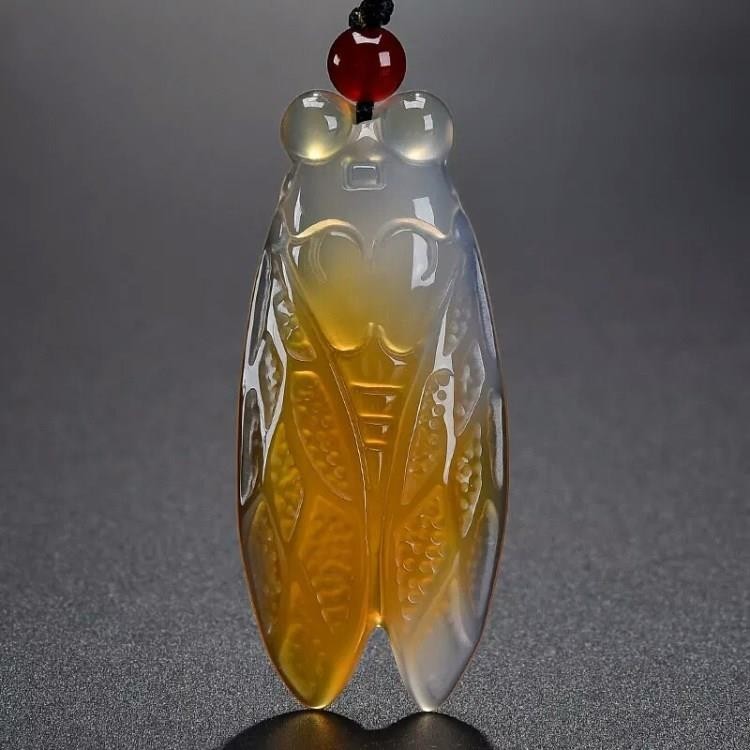 Natural Ice Color Agate Chalcedony Jade Cicada Pendant for Men and Women