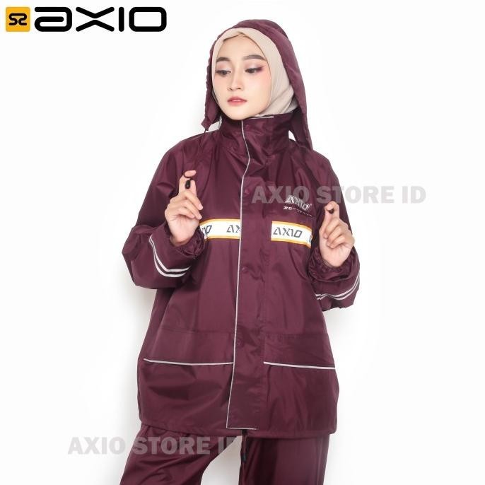 Jas Hujan Wanita Axio Merah Maroon Original Bahan Tebal Anti Bocor