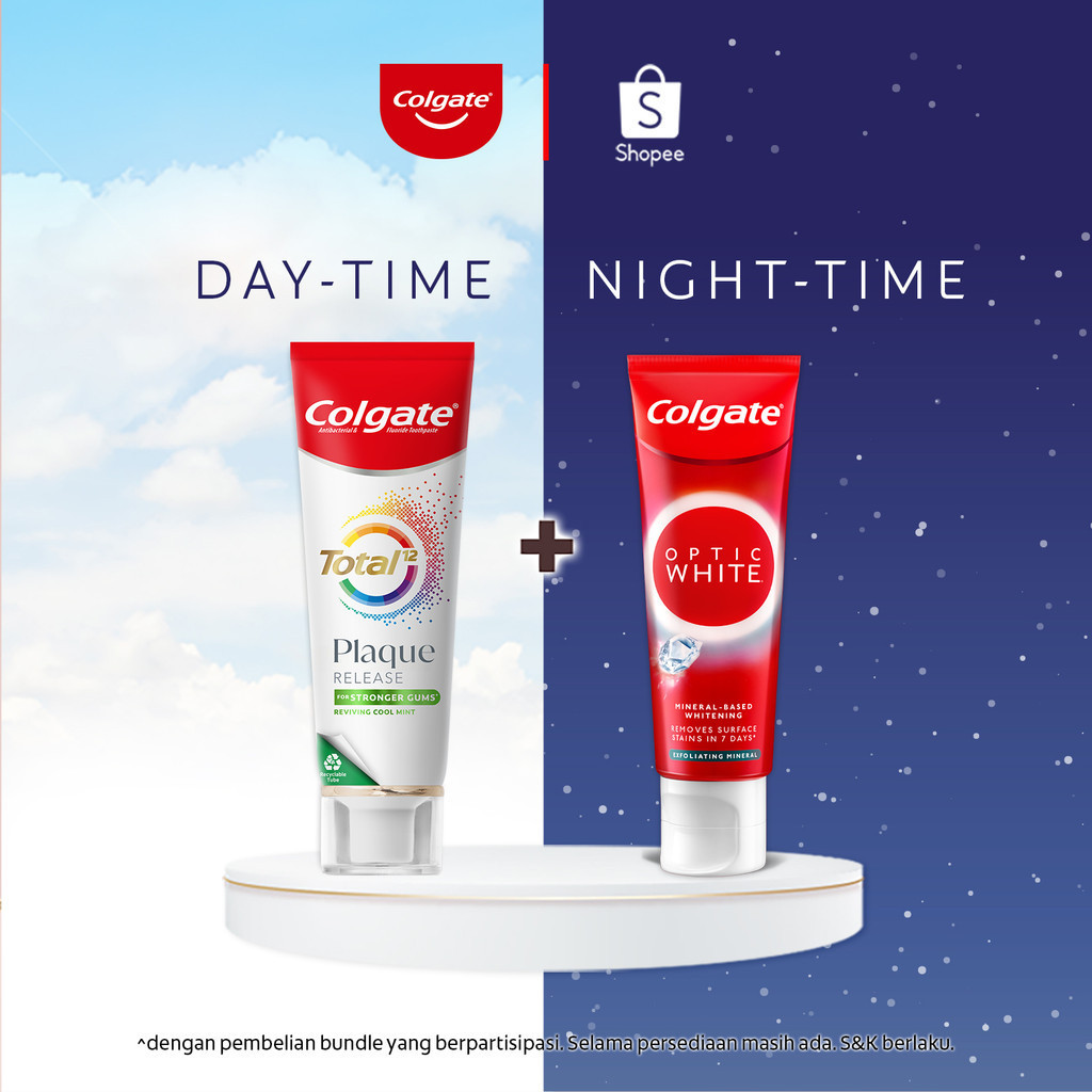 Paket Day & Night Oral Care 4 (Colgate Total Plaque Release Reviving Cool Mint 95g + Colgate Optic W