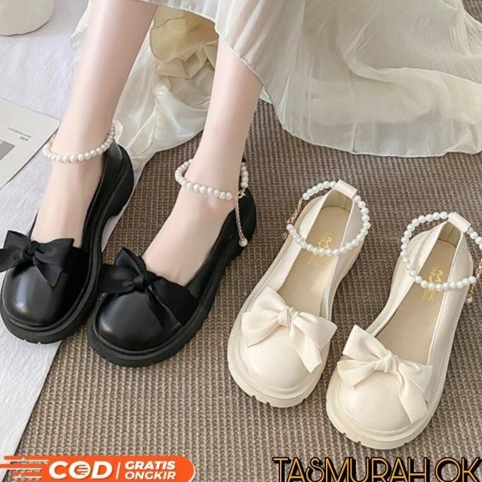 Sepatu Semi Boots Kulit Wedges Wanita Import Korea Pearl Docmart Shoes