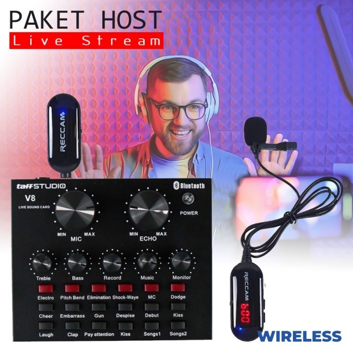 Paket Host Live Stream Soundcard V8 Mic Wireless Clip On Reccam