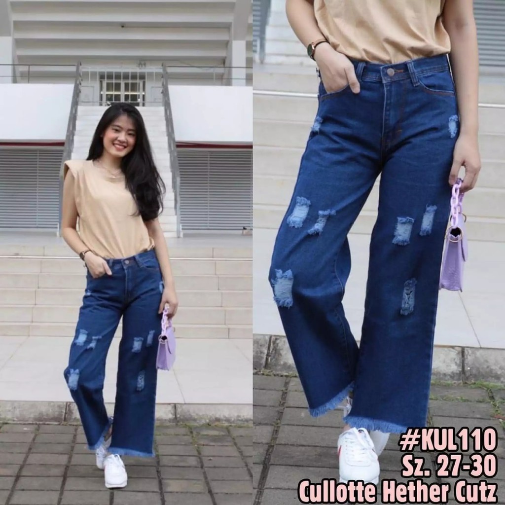 Ripped Jenas Wanita Highwaist kulot jeans sobek rawis / Celana Kulot Highwaist Sobek lutut kekinian
