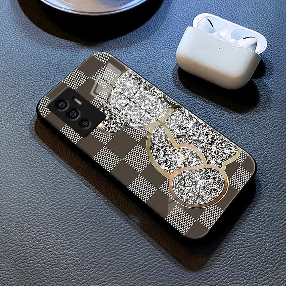 Beruang berpinggir emas Kaca Case untuk Vivo V30 pro V29 V29E V27 pro V27E V25 V25E V23 V23E V21 V21