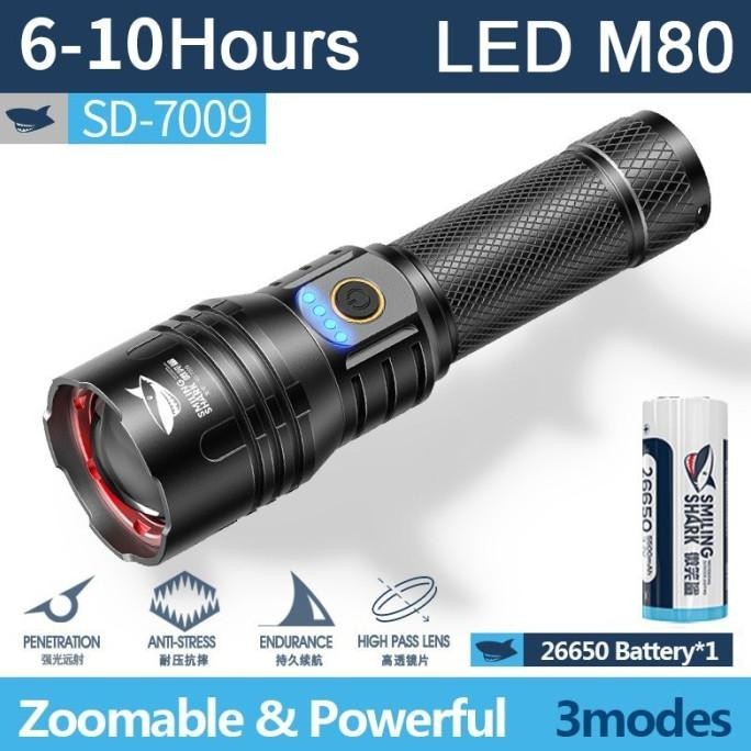 New | Bagus Senter Smiling Shark Sd7009 M80 Super Terang Type-C  Powerbank