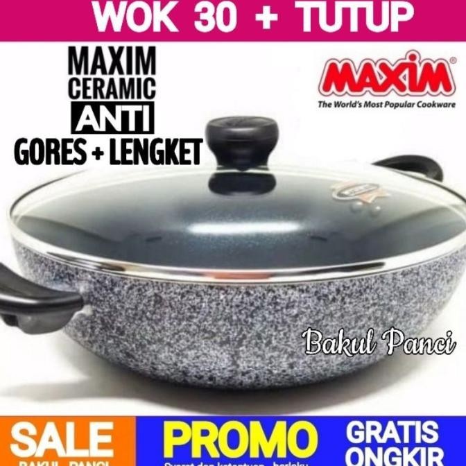 NEW MAXIM CERAMIC WOK 30 CM + TUTUP - MAXIM NEOSTONE DEEP WOK PAN