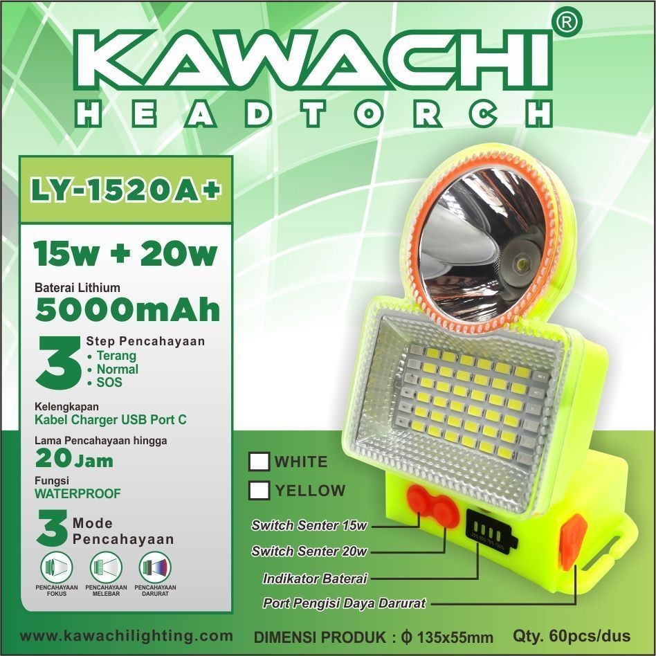 Senter Kepala Kawachi 15WATT + 20 WATT 5.000mAh Cahaya Putih Waterproof