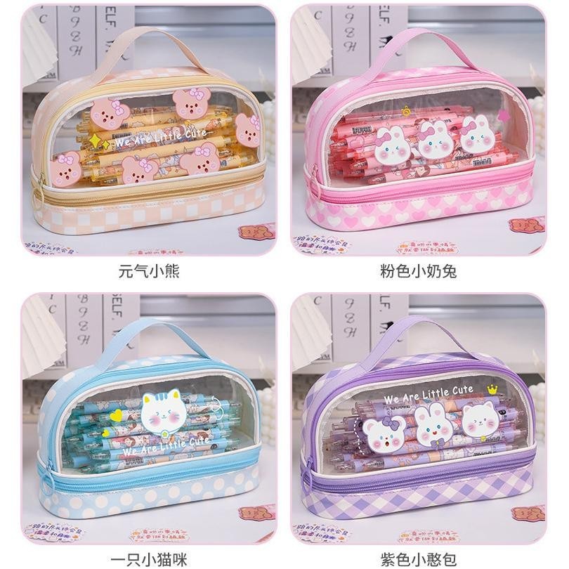 

Tas pensil transparan berkapasitas besar ganda untuk anak perempuan siswa sekolah dasar, siswa sekolah menengah pertama, tempat pensil bernilai tinggi, tas pensil wanita, tas pensil lucu