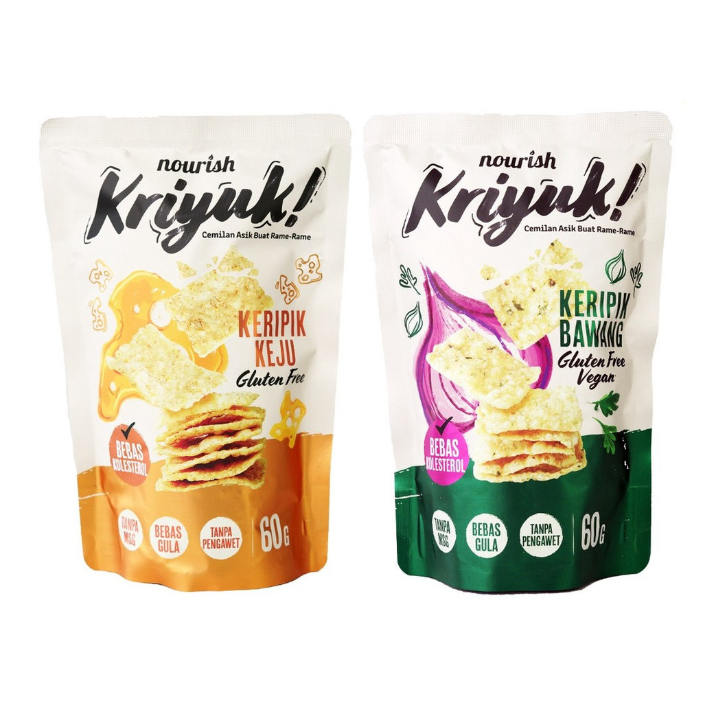 

KRIYUK! Keripik Keju Edam (Gluten Free) | Keripik Bawang (Vegan Gluten Free) Bebas Kolesterol, NO MSG 60g Nourish