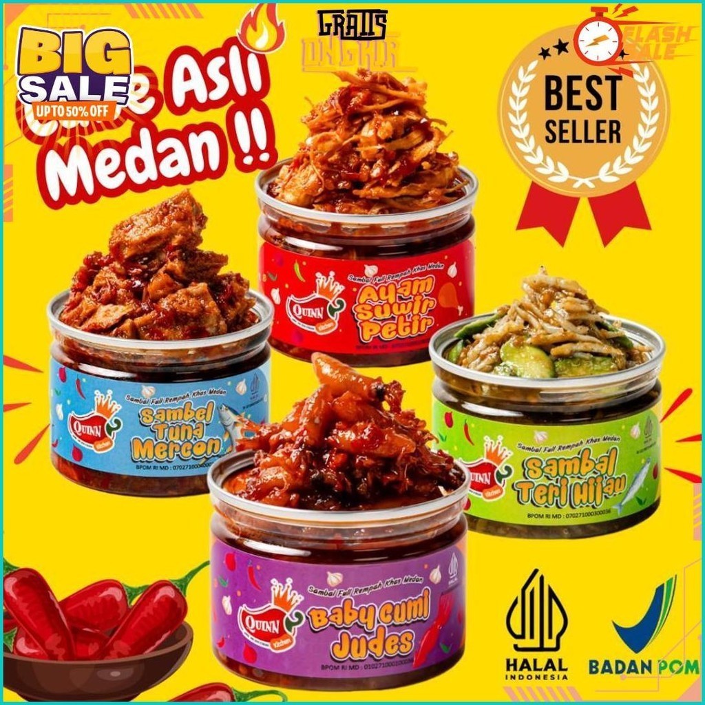 

Quinn Of Spicy Ayam/Baby Cumi/Tuna/Teri 150G - Sambel Pedas By Kitchen Medan Gratis Ongkir