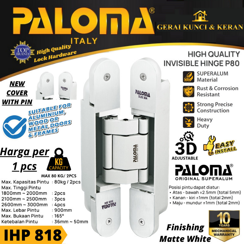 NEW SERIES PALOMA IHP 818 ENGSEL TANAM PINTU HINGE CONCEALED P80 ENGSEL MATTE WHITE PUTIH ORIGINAL