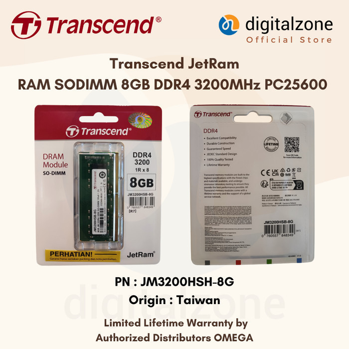 Transcend 8GB DDR4 3200 RAM LAPTOP 8GB DDR4 3200 SODIMM 8GB DDR4 3200