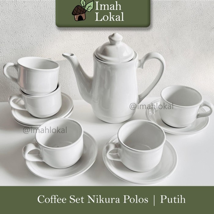 Tea Set Keramik Nikura Polos Teko 5 Cangkir 5 Saucer - Putih