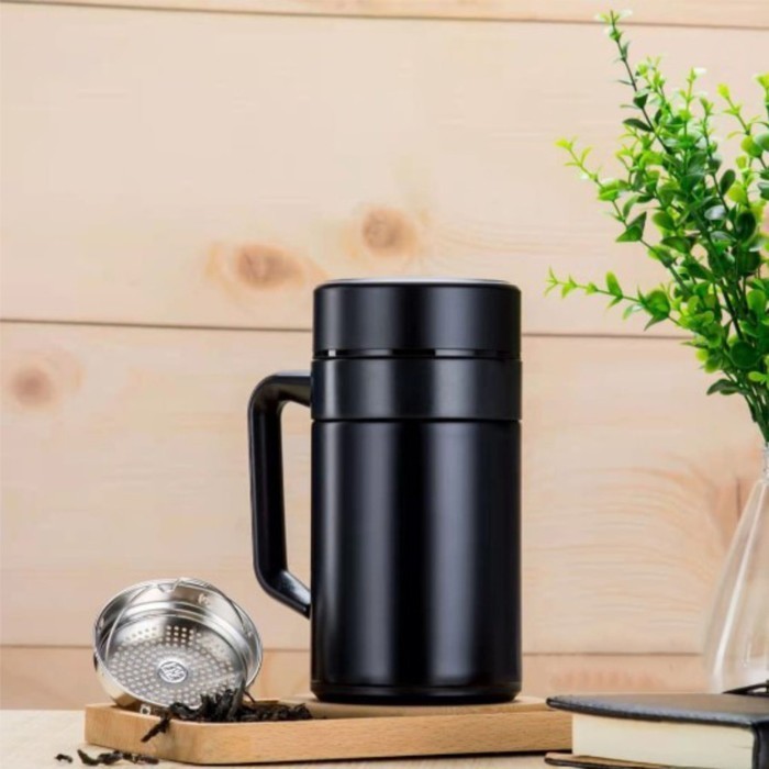 [ Hitam ] Mug Tea Hn22 Termos Cup Gagang Tumbler Gelas Botol Stainless