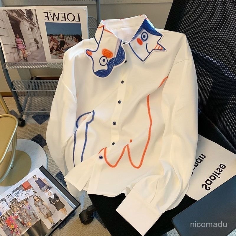 kemeja putih wanita lengan panjang/kemeja cetak wanita/Korean Oversized Shirt/kemeja motif wanita