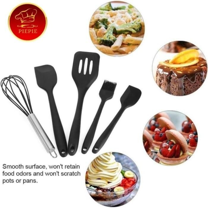Set Spatula Silikon Kuas Whisk Alat Masak Dapur 5 PCS  - Black Kualitas Terbaik
