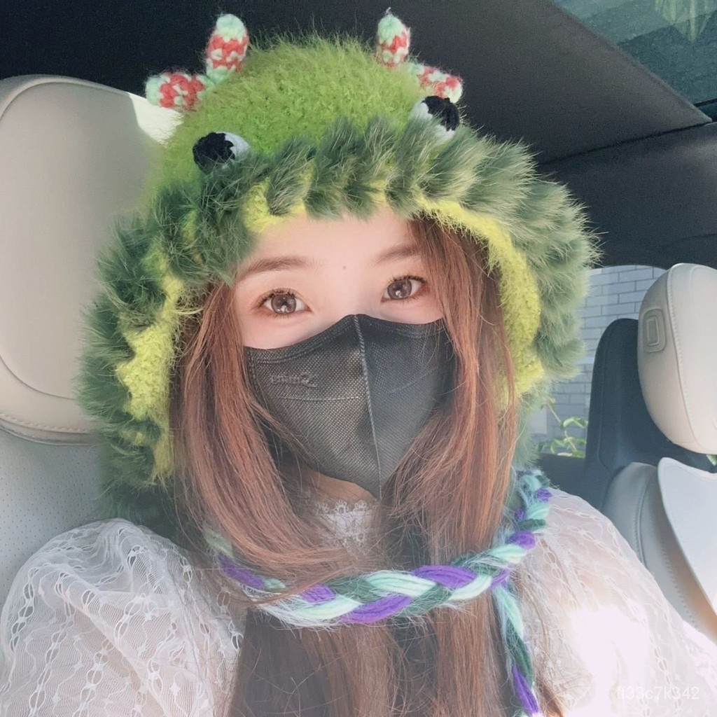 Women's Big Head Circumference Cute2024Plush Bonnet Little Monster New Woolen Cap Funny Face Small E