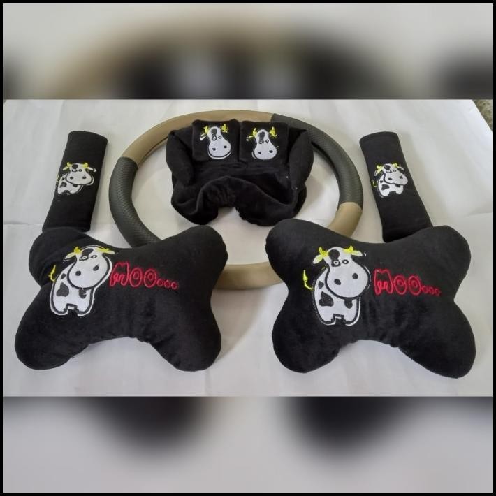 TERMURAH PAKET BANTAL CAR SET 3IN1 MOTIF ANAK SAPI SARUNG STIR HITAM CREM
