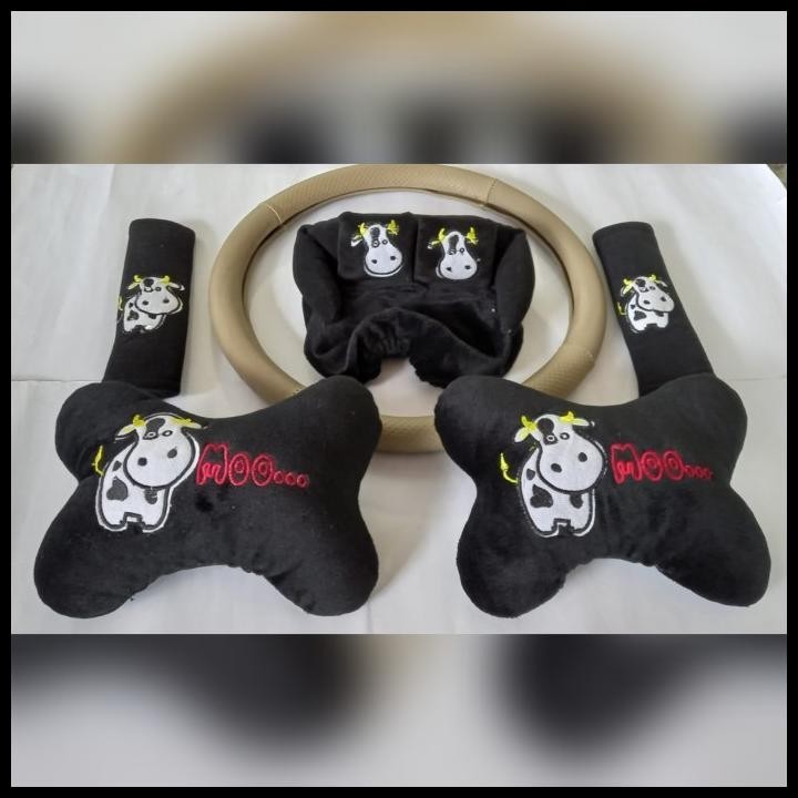 TERBARU PAKET BANTAL CAR SET 3IN1 MOTIF ANAK SAPI PLUS SARUNG STIR VARIAN CREM 
