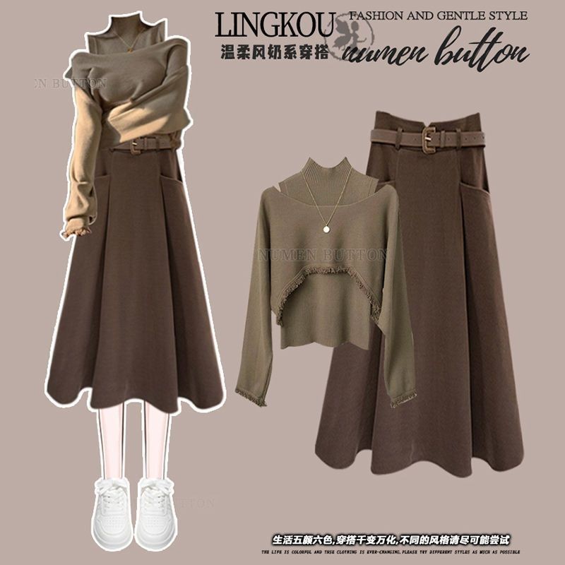 Set Pakaian Wanita, 3 Potong Rok Rompi Blus Rajut Baru Perempuan