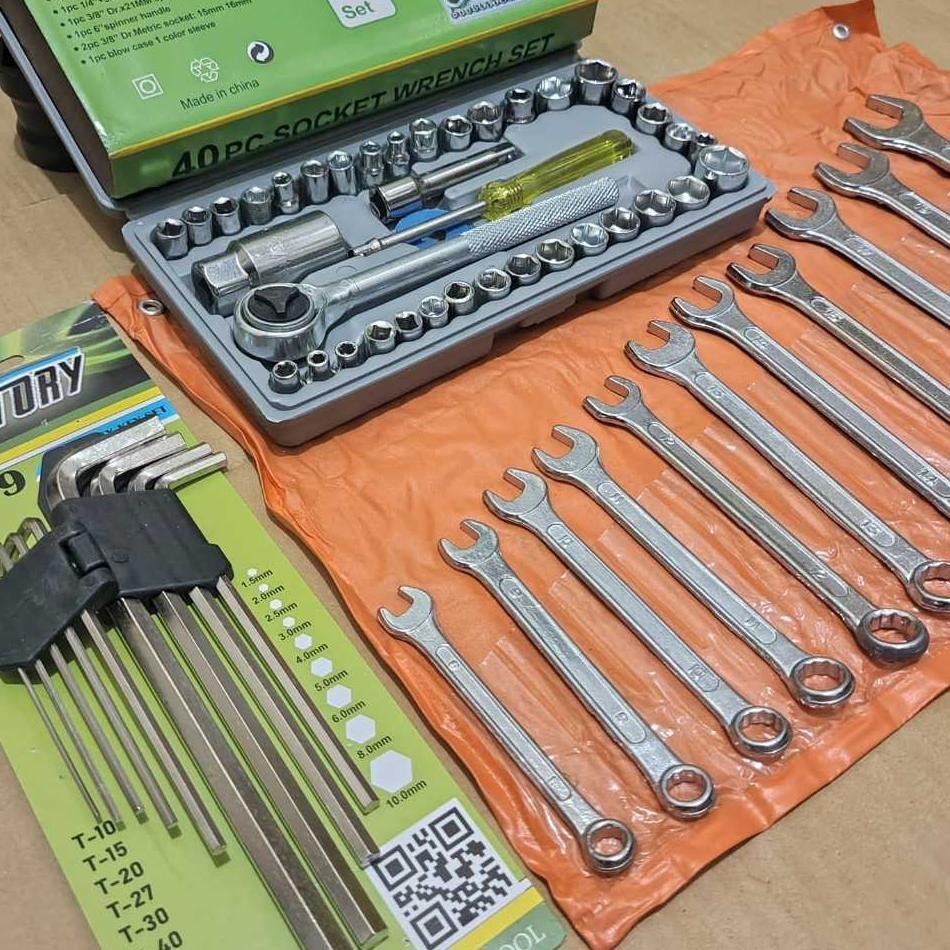 Paket Kunci Sok Set Lengkap + Kunci Ring Pas + Kunci L Panjang / Kunci Bengkel Motor Komplit