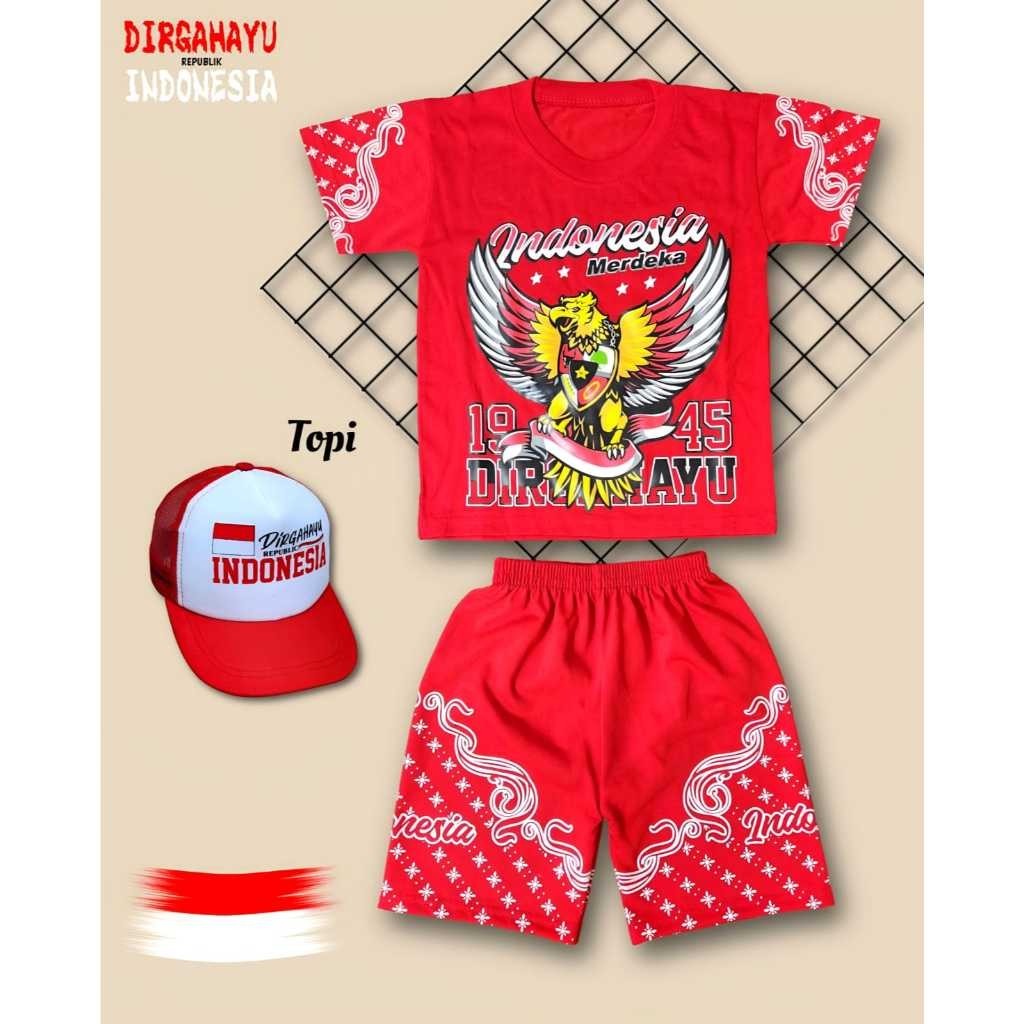 Setelan Anak Dirgahayu Indonesia 1 Set Baju Agustusan Atasan Bawahan Kemerdekaan 1945 Wanset Cowok C