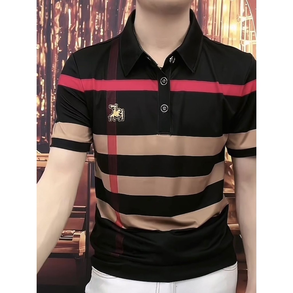 European Station Western Style Striped Badge Summer Light Luxury Men's Short SleevePoloShirt