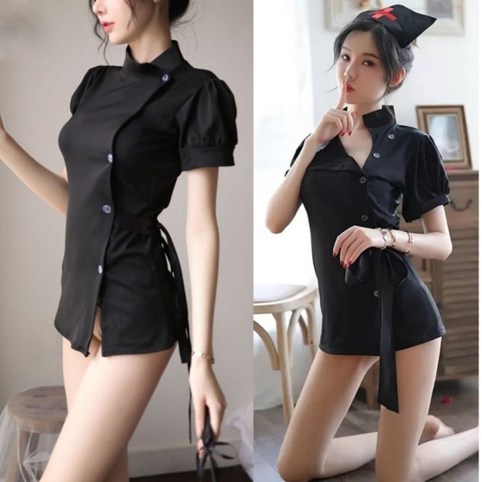 GRATIS ONGKIR Sexy Lingerie Black Nurse Cosplay Suster Baju Perawat Gaun Hitam