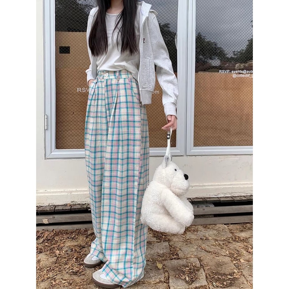 Celana Piyama Kotak-kotak Wanita 2024 Celana Rumah Pelangsing Longgar Gaya Baru