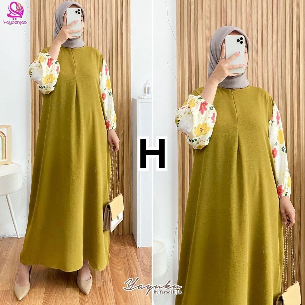 Gamis Wanita Remaja Kekinian Kinanti Dress Kombinasi Polosmotif Muslimah Yayu Yayoe Hijab