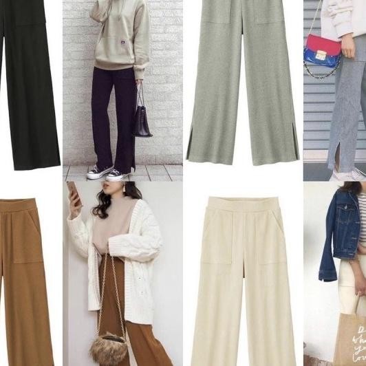 Unq Rib Wide Pants Cullotes Celana Kulot Panjang Wanita Pinggang Karet