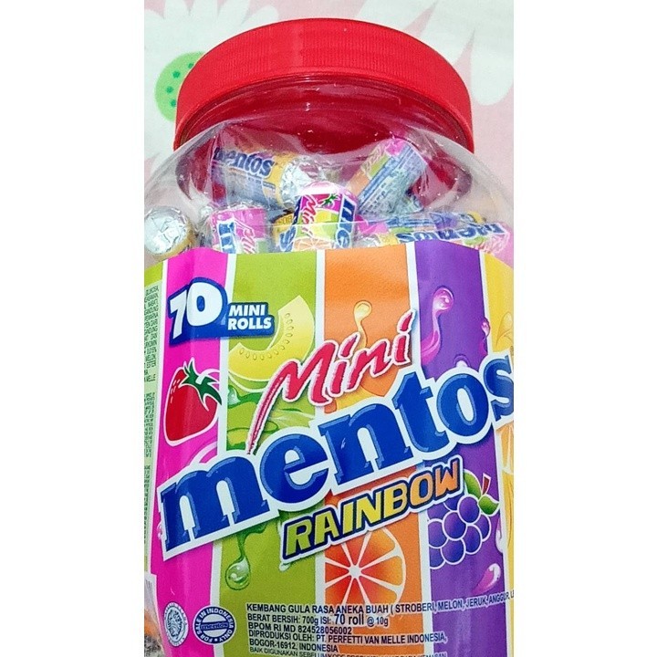 

Permen Mentos niRoll Rainbow 1 Toples isi 70 pcs @10 gram Candy Rasa Aneka Buah Stroberi, Melon,