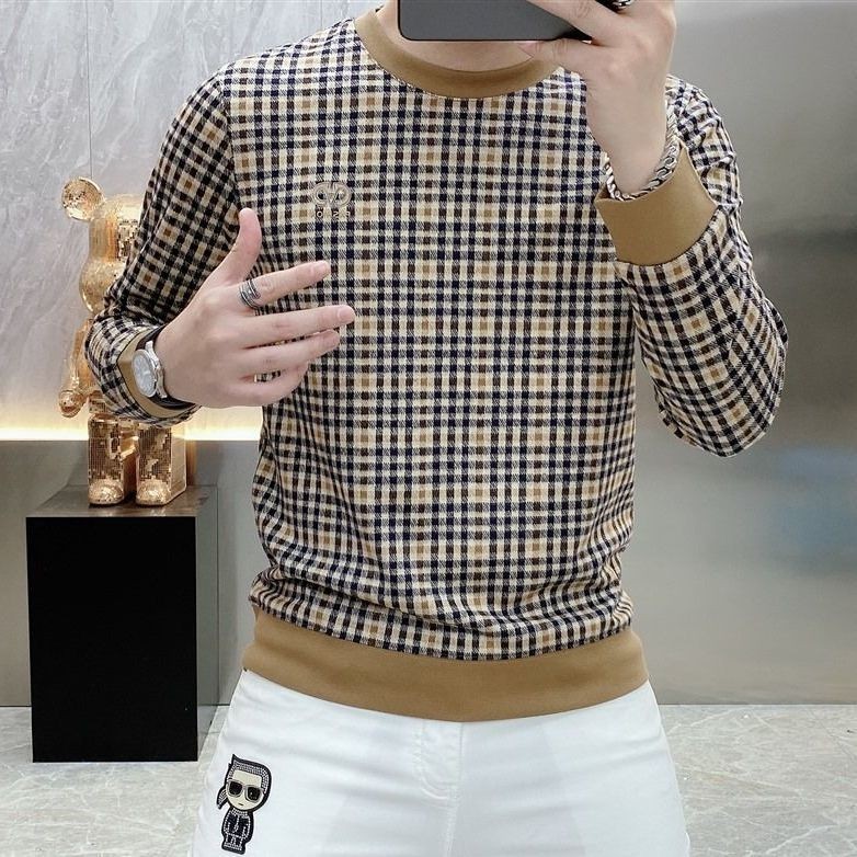 Lengan Panjang PriaTKaus Slim Fit Kotak-kotak Pria, Sweater Kasual Leher Crew Kotak-kotak