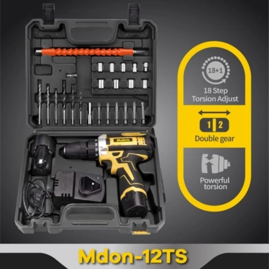 Original Mesin Bor Baterai Cordless Drill Mdon 12V Set Mata Bor 12Ts / Jld 12S