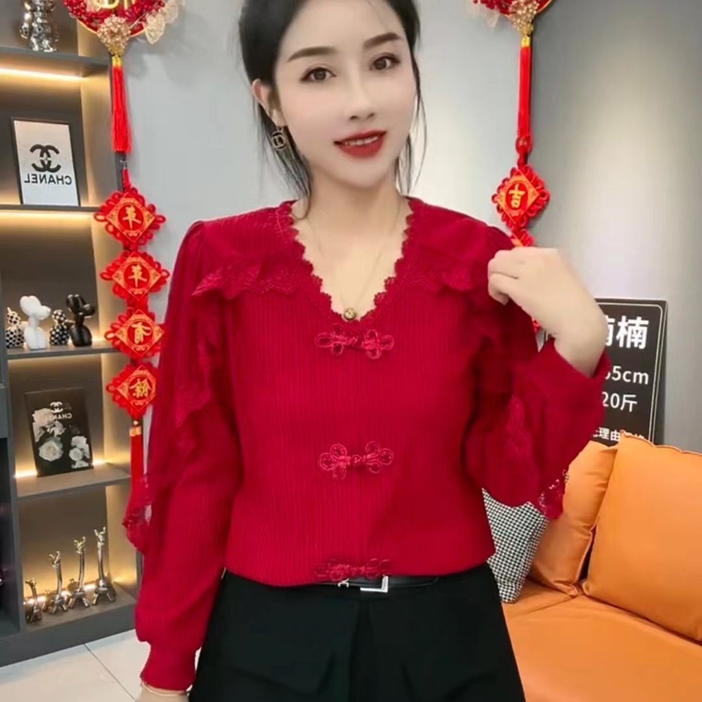 Gaya EtnikVKemeja Wanita Lengan Panjang, Atasan Renda Jahitan, Baju Kancing Simpul Cina dengan Kerah
