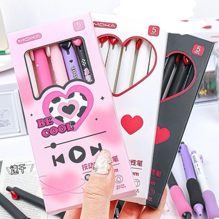 

Ox04 5pcs Set Pulpen Gel Lucu Heart Pen Kawaii Aesthetic Tinta Hitam Viral