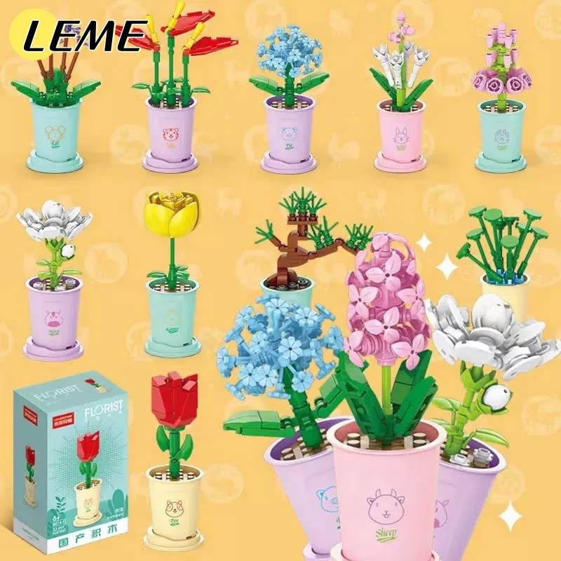 Leme Partikel Kecil Toys Pot Tanaman Blok Bangunan Mini Mainan Edukatif Bunga Zodiak Cina Diy Balok